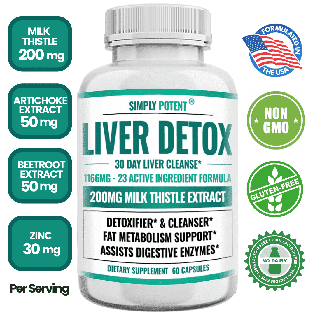 Simply Potent Liver Detox & Cleanse Supplement, 23 Ingredient Liver Support with Milk Thistle, Dandelion, Turmeric, Ginger, Choline, Artichoke, Beet, Alfalfa, Zinc, Grape Seed & 13 More, 60 Capsules