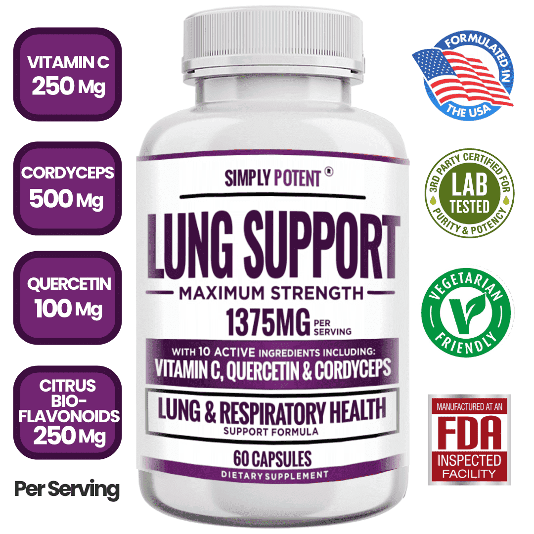 Simply Potent Lung Support Supplement, 60 Capsules with Powerful Antioxidant Vitamin C Quercetin, Bromelain, Nettle & Cordyceps
