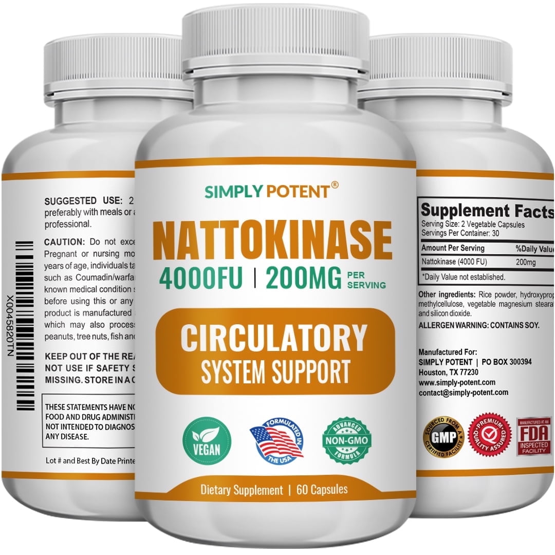 Simply Potents Nattokinase 4000 FU Capsules for Heart Circulation Blood Vascular Support Antioxidant Fibrinolytic 60