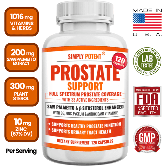 Simply Potents Prostate Support Supplement for Men, 120 Capsules – Enhanced Formula with Saw Palmetto, Beta-Sitosterol, Zinc, Pygeum