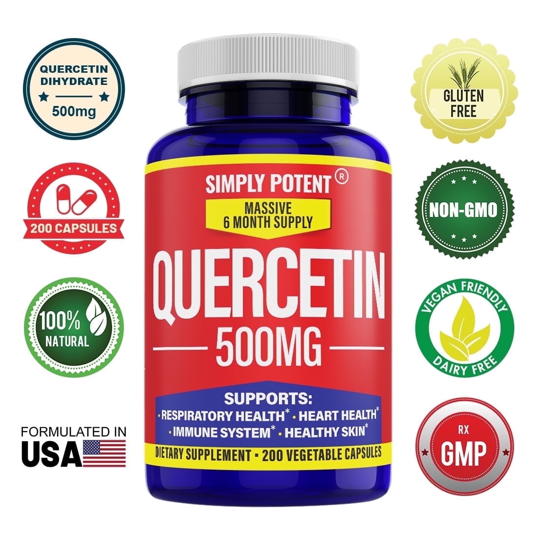 Simply Potents Quercetin 500mg 200 Veggie Capsules Supports Cardiovascular & Respiratory Health Antioxidant