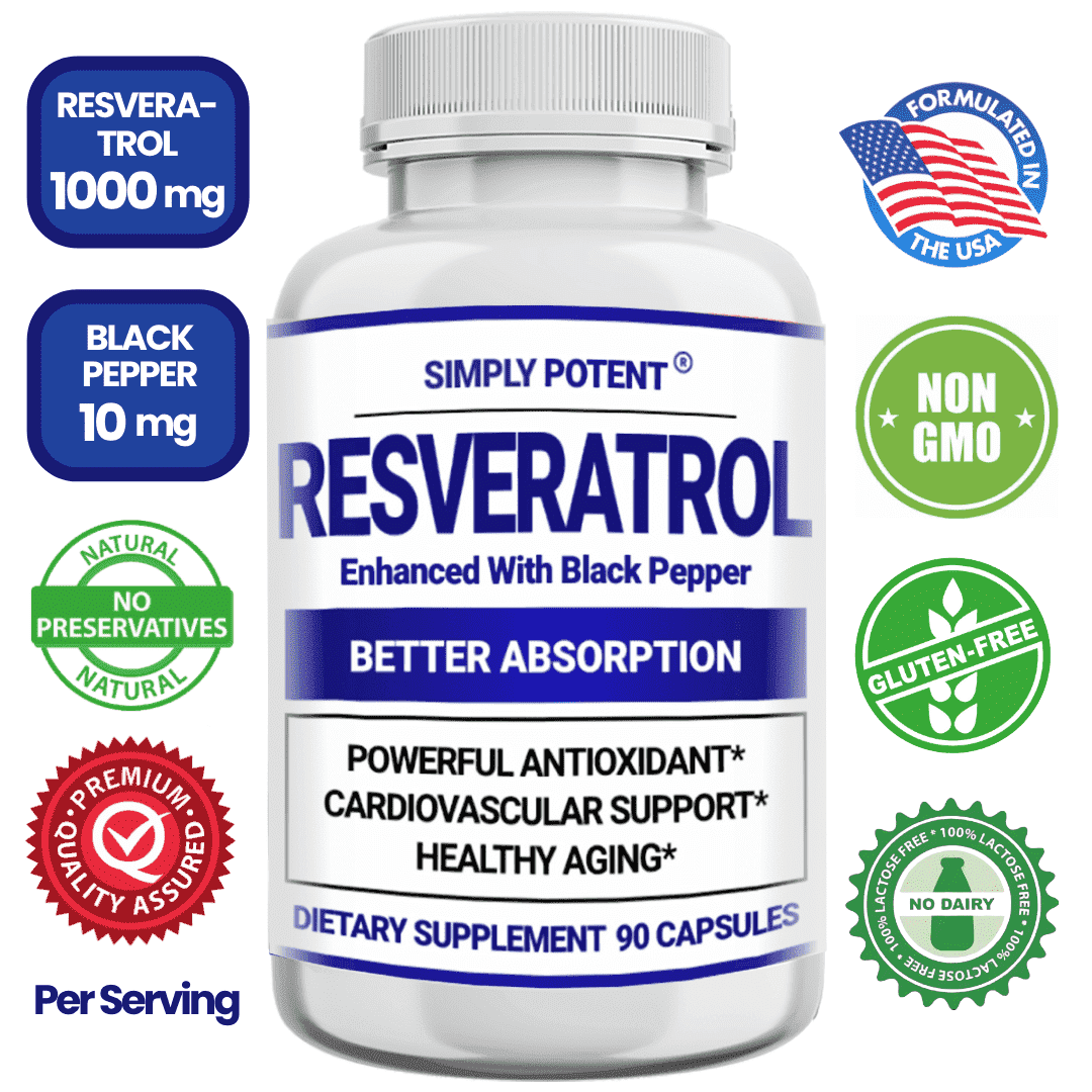 Simply Potent Resveratrol 1000mg  with Black Pepper Supplement for Anti-Aging, Skin & Heart Health, Immune System, Brain Function & Digestive Support, 90 Caps