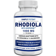 Simply Potent Siberian Rhodiola Rosea Root Extract 1000mg with BioPerine for Energy, Stress & Mood, Vegan & Non-GMO, 180 Capsules