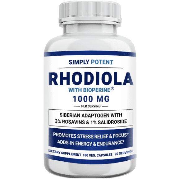 Simply Potent Siberian Rhodiola Rosea Supplement with BioPerine for Stress Relief, Mood & Energy 1000mg - 180 Capsules