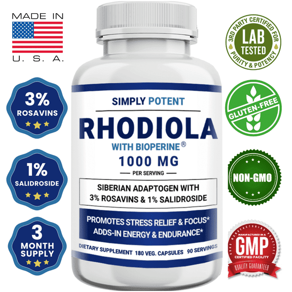 Simply Potent Siberian Rhodiola Rosea 1000mg – 180 Capsules with BioPerine for Stress Relief, Mood & Energy
