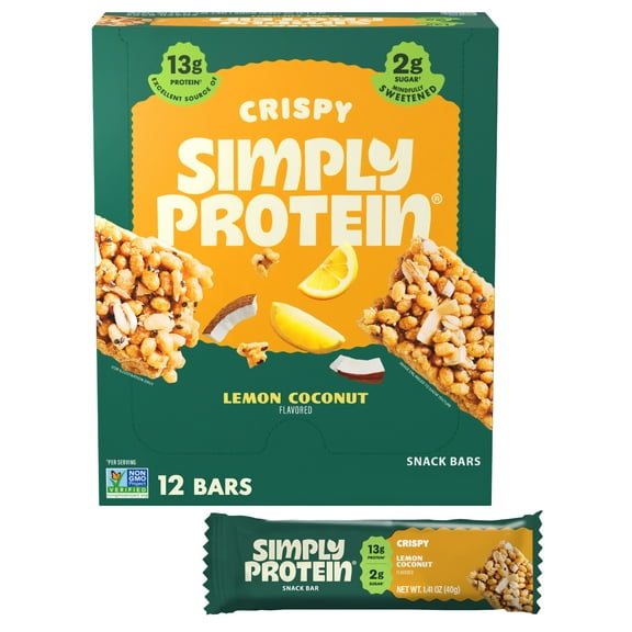 Simply Protein Lemon Coconut Protein Bars, Low Carb/ Sugar, High Fiber, Vegan Snacks, 12-Pack