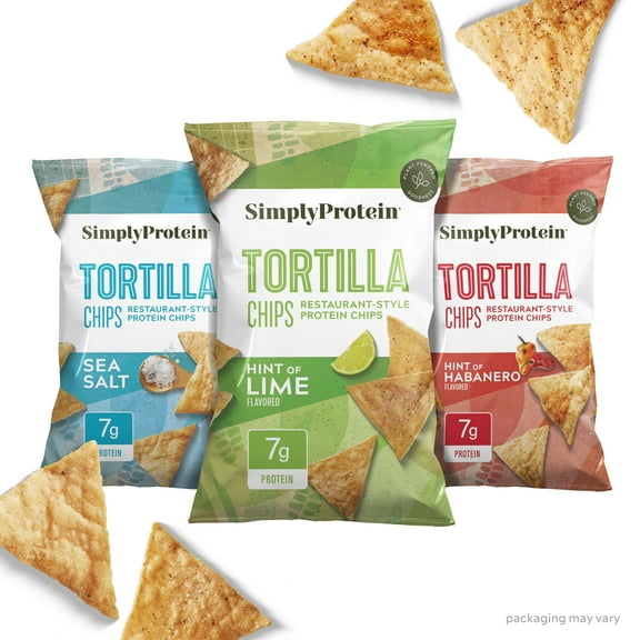 Simply Protein - Tortilla ESF27 Restaurant Style Protein Variety Pack (3-Pack) - Sea Salt, Hint of Lime, Hint of Habanero - 7g Protein, 140 Calories, Gluten Free, Vegan - 3 Bags, 4.58oz (130g)