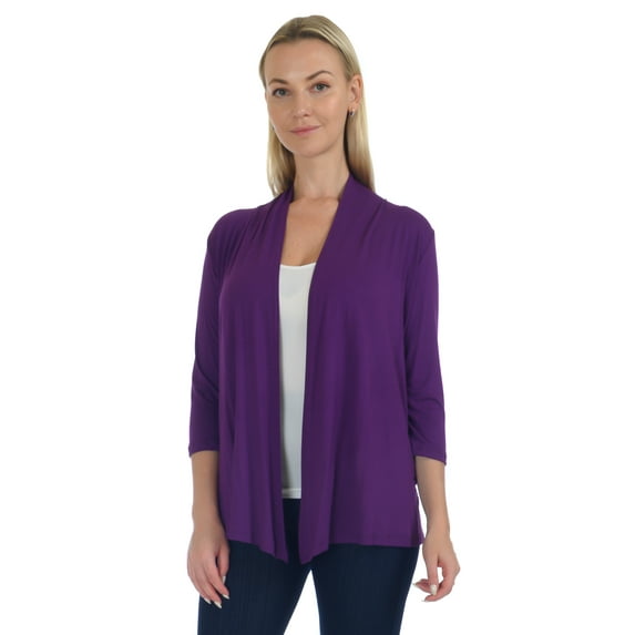 Simply Ravishing Women's Basic Assymetrical 3/4 Sleeve Open Drape Cardigan, Small, Eggplant