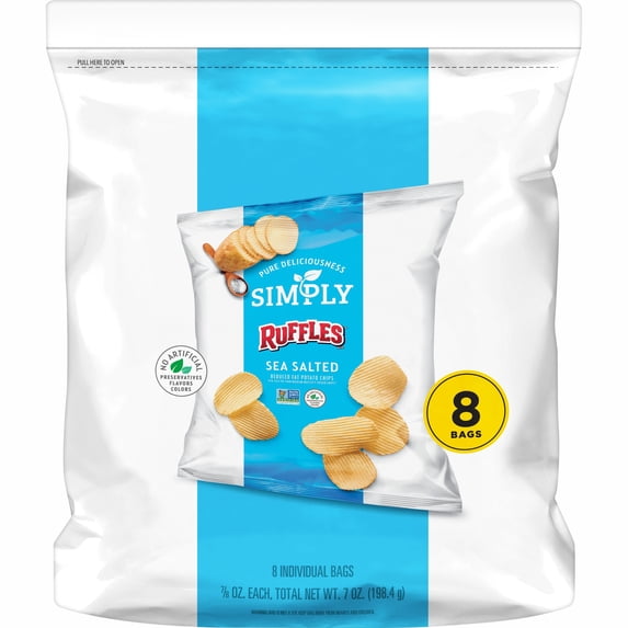 Simply Ruffles Sea Salted Reduced Fat Potato Chips, 0.875 oz Bags, 8 Count
