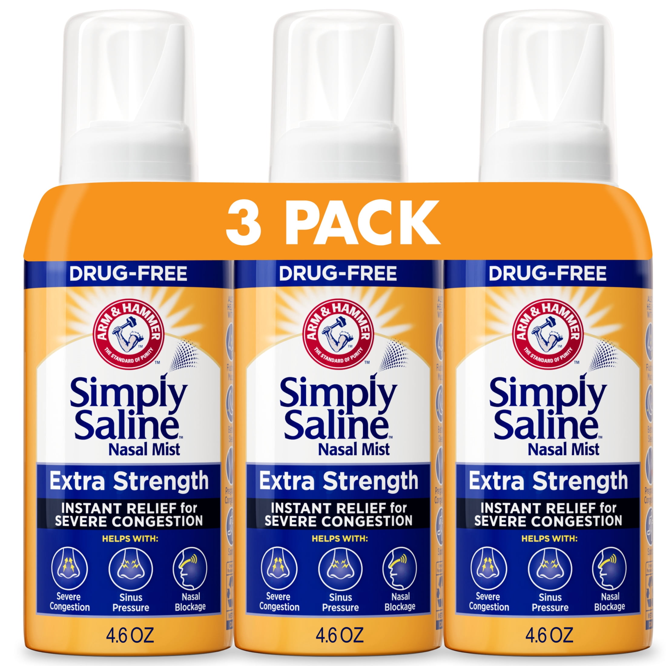 ARM & HAMMER Simply Saline Extra Strength Nasal Mist 4.6oz- Instant Relief for SEVERE Congestion- three 4.6oz Bottles