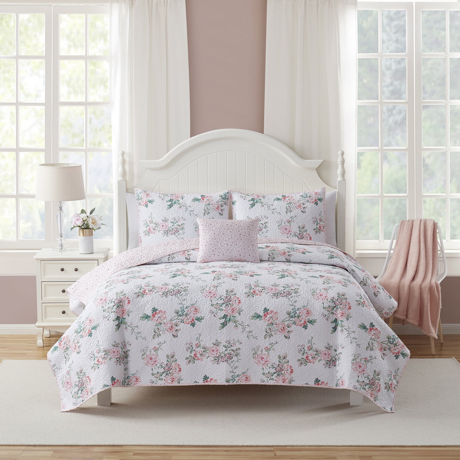 Simply Shabby Chic 4-Piece White Azure Floral Bedding Sets, Full Queen