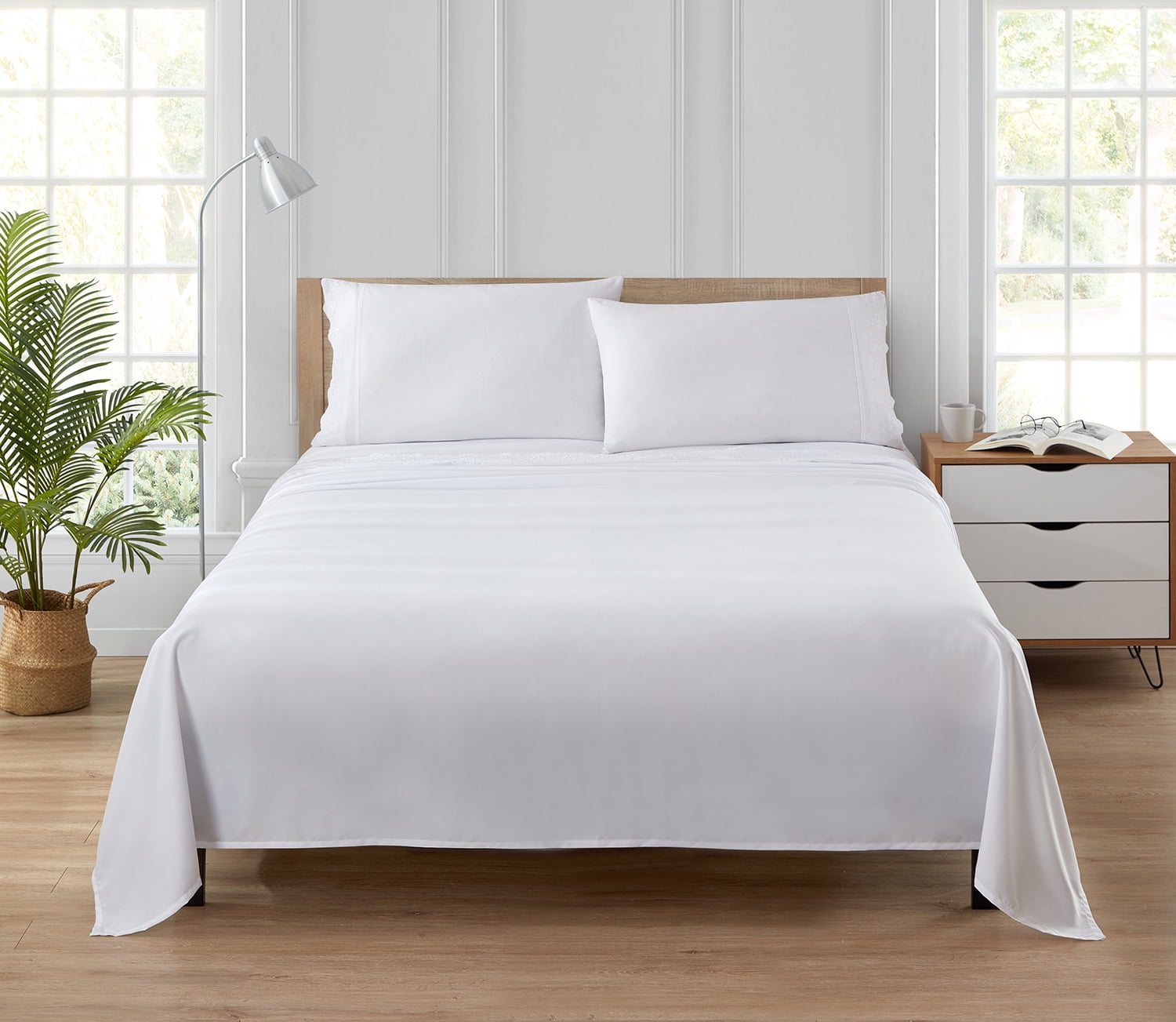 Simply Shabby Chic Embroidered 4-Piece Soft Washed Microfiber Sheet Set, White, Queen
