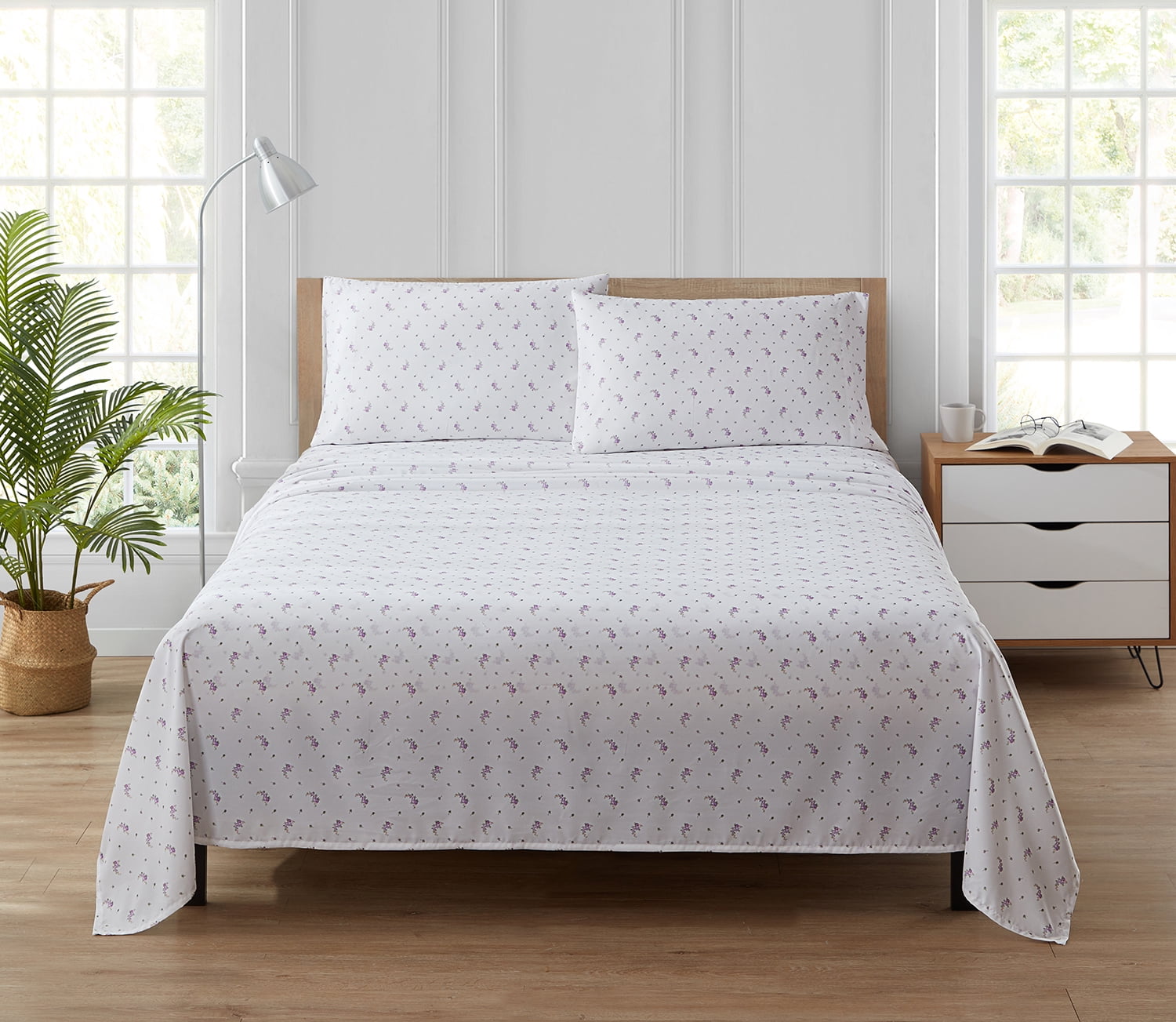 Simply Shabby Chic Lavender Calico Floral 4-Piece Soft Washed Microfiber Sheet Set, Queen
