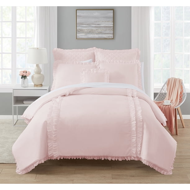 Simply Shabby Chic Pink Ruffle 4-Piece Soft Washed Microfiber Comforter ...