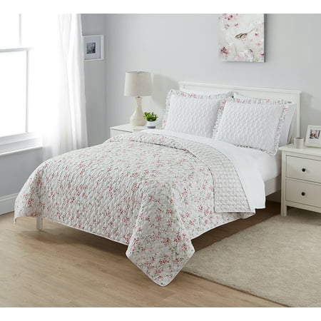 Simply Shabby Chic Reversible Cherry Blossom Floral 3-Piece Quilt Set, Full/Queen