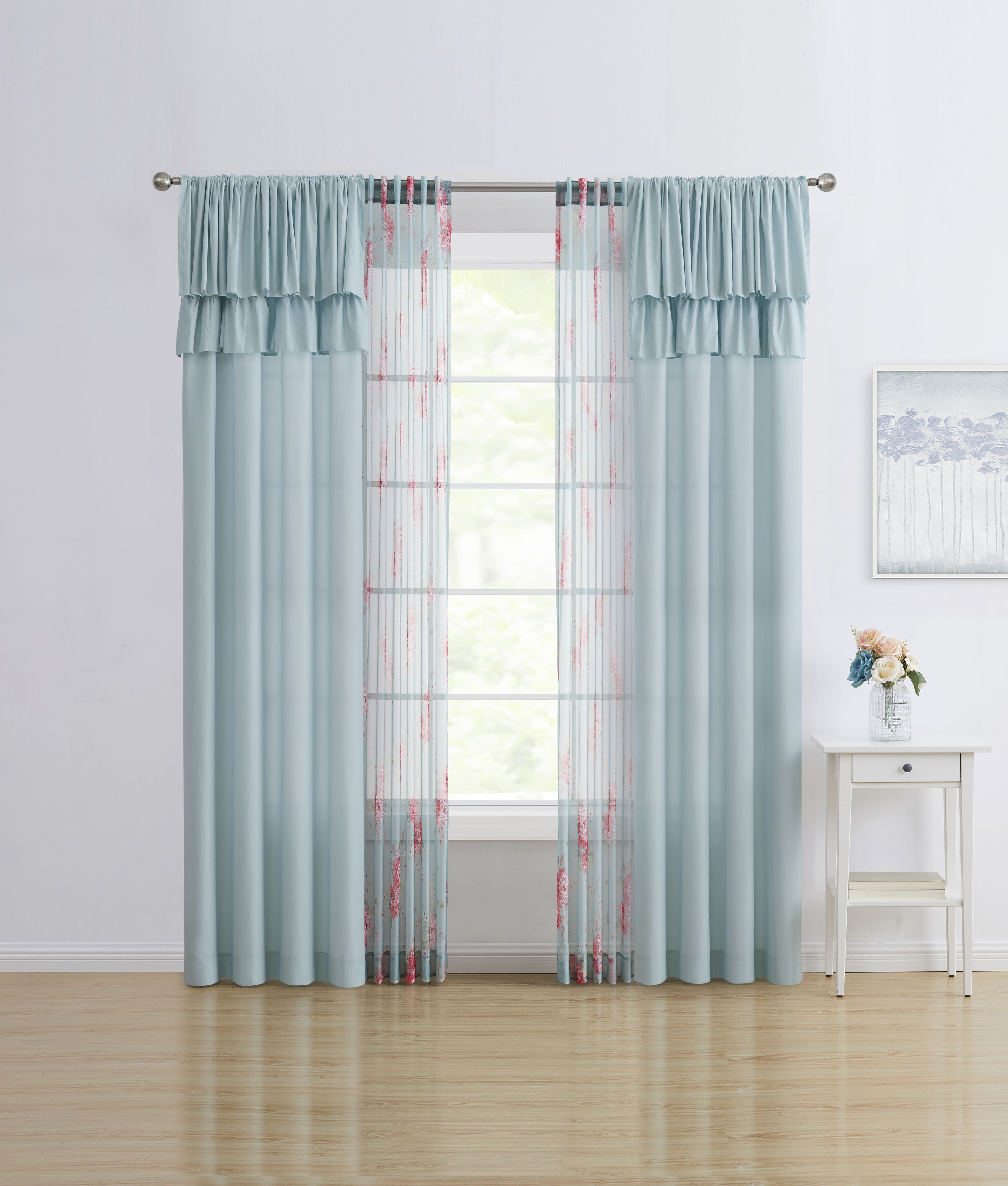 Simply Shabby Chic Ruffled Floral Belle Hydrangea 4-Piece Window Curtain Panel and Sheer Set, 50" x 95"