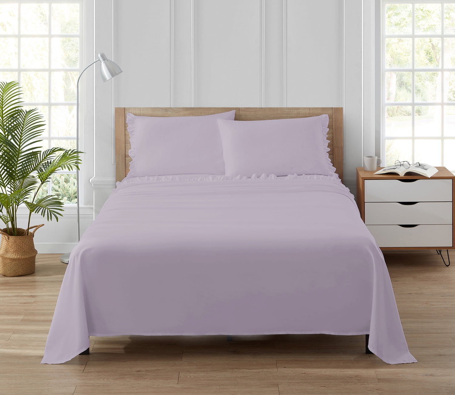 Simply Shabby Chic Solid Ruffle 3-Piece Lavender Soft Washed Microfiber Bed Sheet Set, Twin
