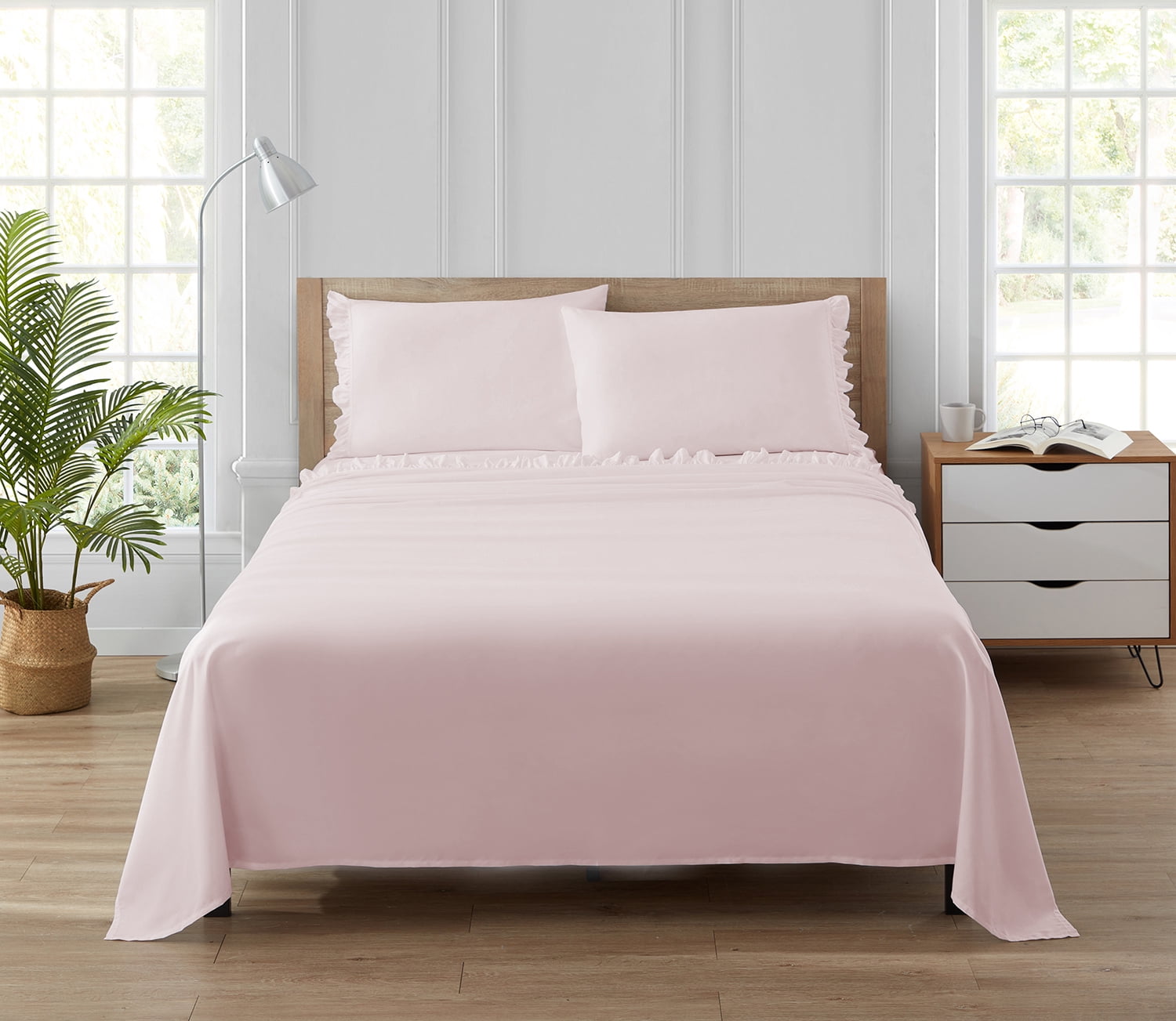 Simply Shabby Chic Solid Ruffle 4-Piece Pink Soft Washed Microfiber Bed  Sheet Set, Full