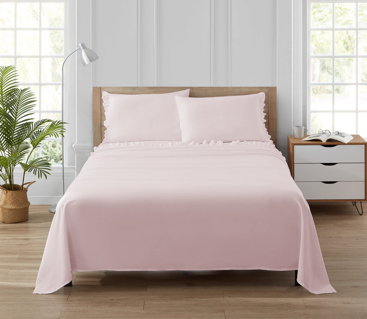 Simply Shabby Chic Solid Ruffle 4-Piece Pink Soft Washed Microfiber Bed Sheet Set, King