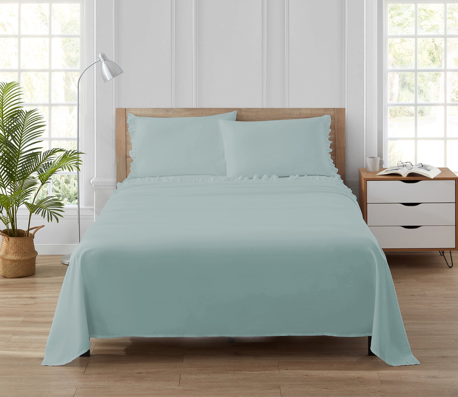 Simply Shabby Chic Solid Ruffle 4-Piece Soft Sea Green Washed Microfiber Bed Sheet Set, King