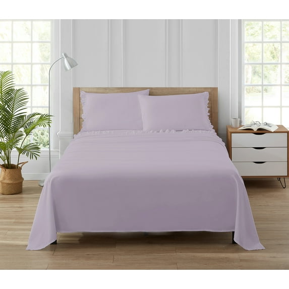 Simply Shabby Chic Solid Ruffle 4-Piece Soft Washed Microfiber Sheet Set, Lavender, King