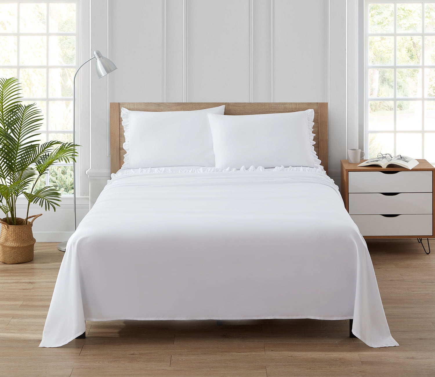 Simply Shabby Chic Solid Ruffle 4-Piece Soft Washed Microfiber Sheet Set, White, Queen