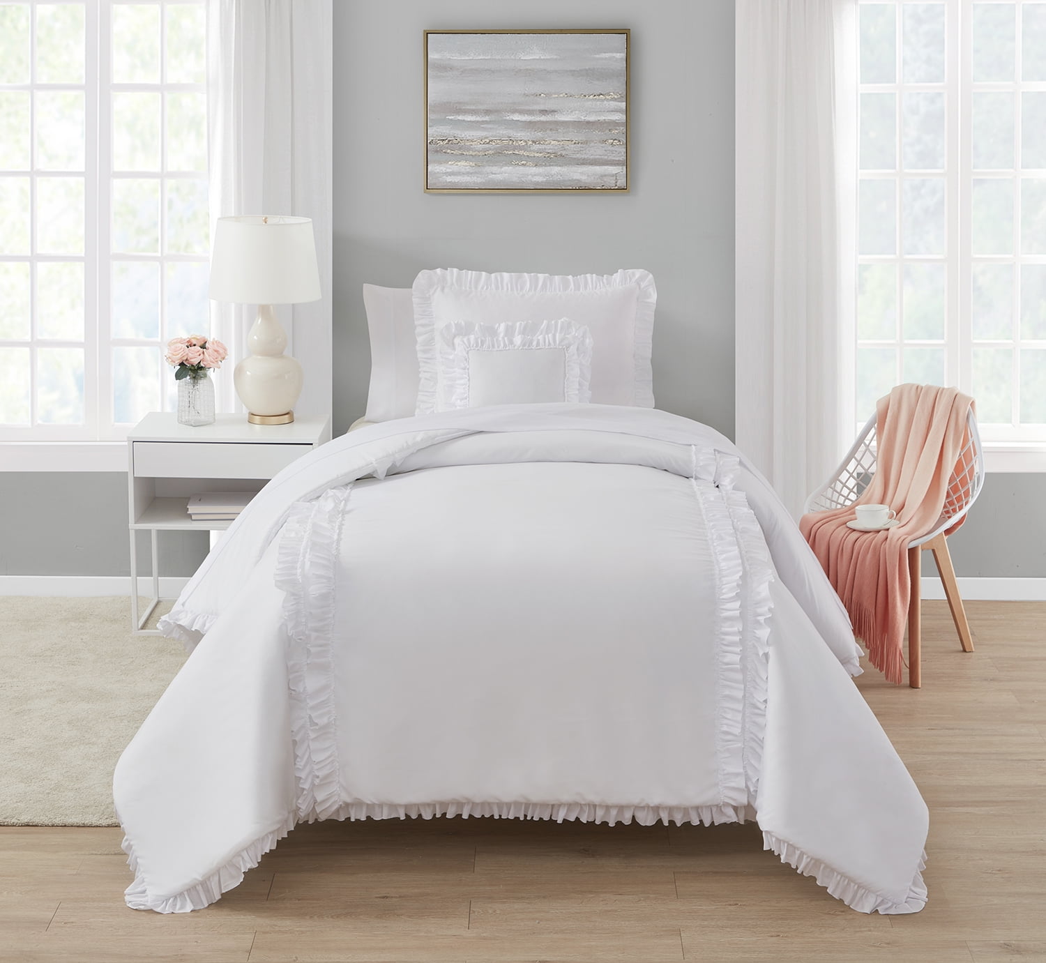 Simply Shabby Chic White Ruffle 3-Piece Soft Washed Microfiber Comforter Set, Twin