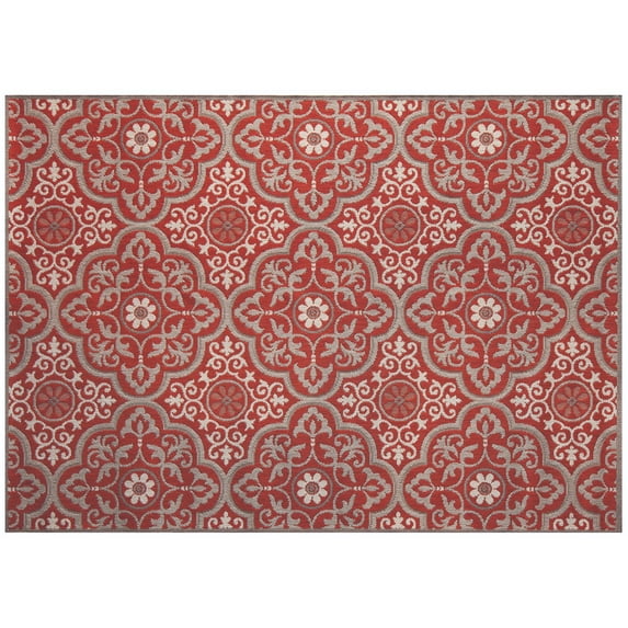 SimplyShade 5.25' x 7.25' Red and Beige Mosaic Outdoor Rectangular Area Throw Rug