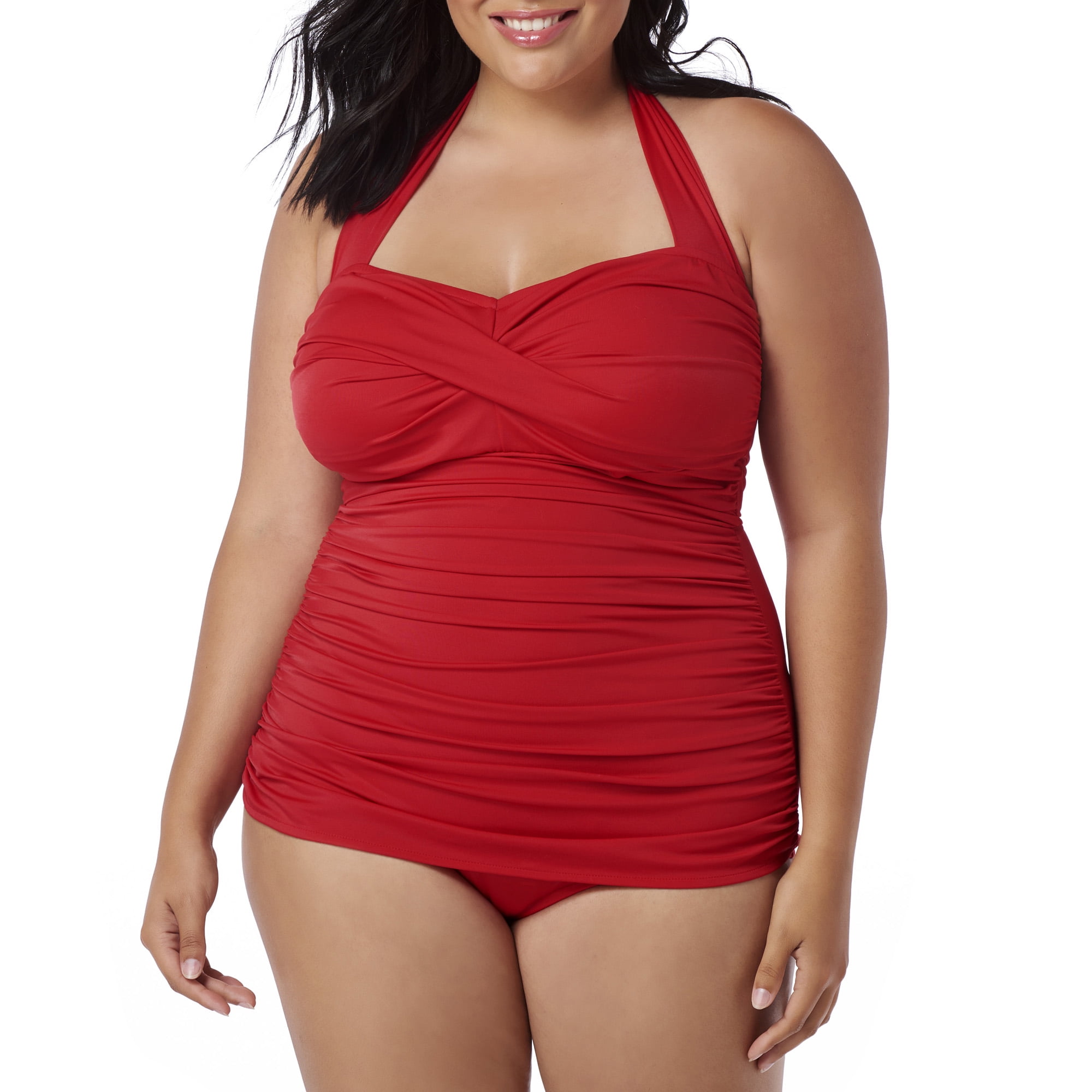 Suddenly Slim By Catalina Women's Plus-Size Slimming Shirred Halter  One-Piece Swimsuit - Walmart.com, image size:2000x2000