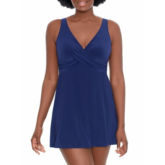 Simply Slim Women's and Plus Cross Your Heart One Piece Swim Dress, Sizes M-3X