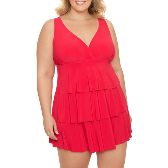 Simply Slim Women's and Plus Get Ruffled One Piece Swim Dress, Sizes S-3X