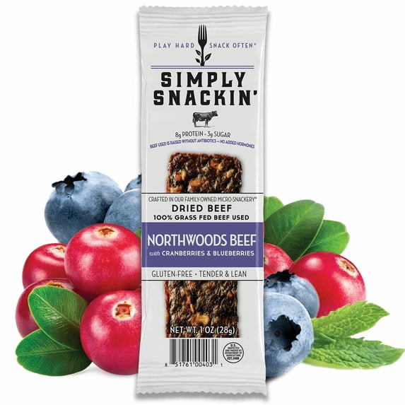 Simply Snackin' Beef Protein Snack - Northwoods Beef with Cranberries & Blueberries Size: 12-Pack