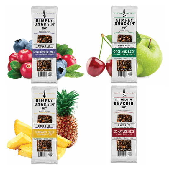 Simply Snackin' Beef Protein Snack - Variety Pack Sizes: 24-pc Variety Pack (96 Strips)