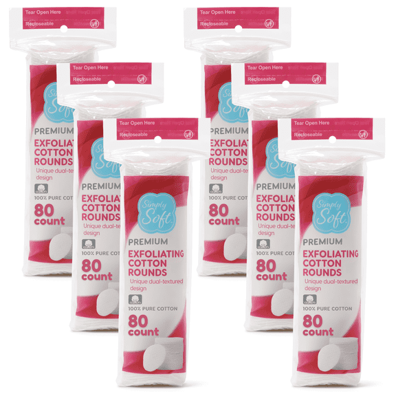 Simply Soft Exfoliating Dual Texture Cotton Rounds, 80 Per Pack, 6 Total Packs
