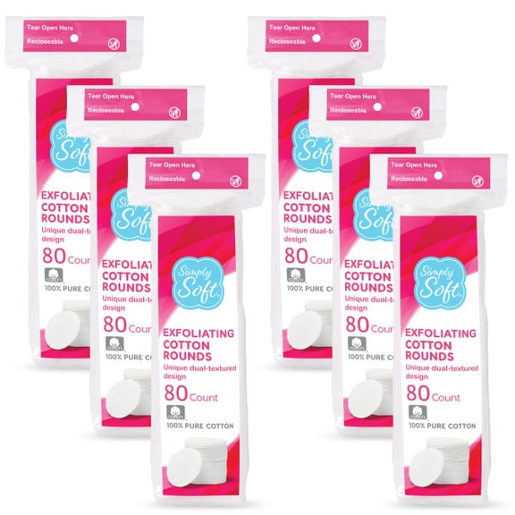 Simply Soft Exfoliating Dual Texture Cotton Rounds, 80 Per Pack, 6 Total Packs
