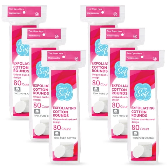 Simply Soft Exfoliating Dual Texture Cotton Rounds, 80 Per Pack, 6 Total Packs