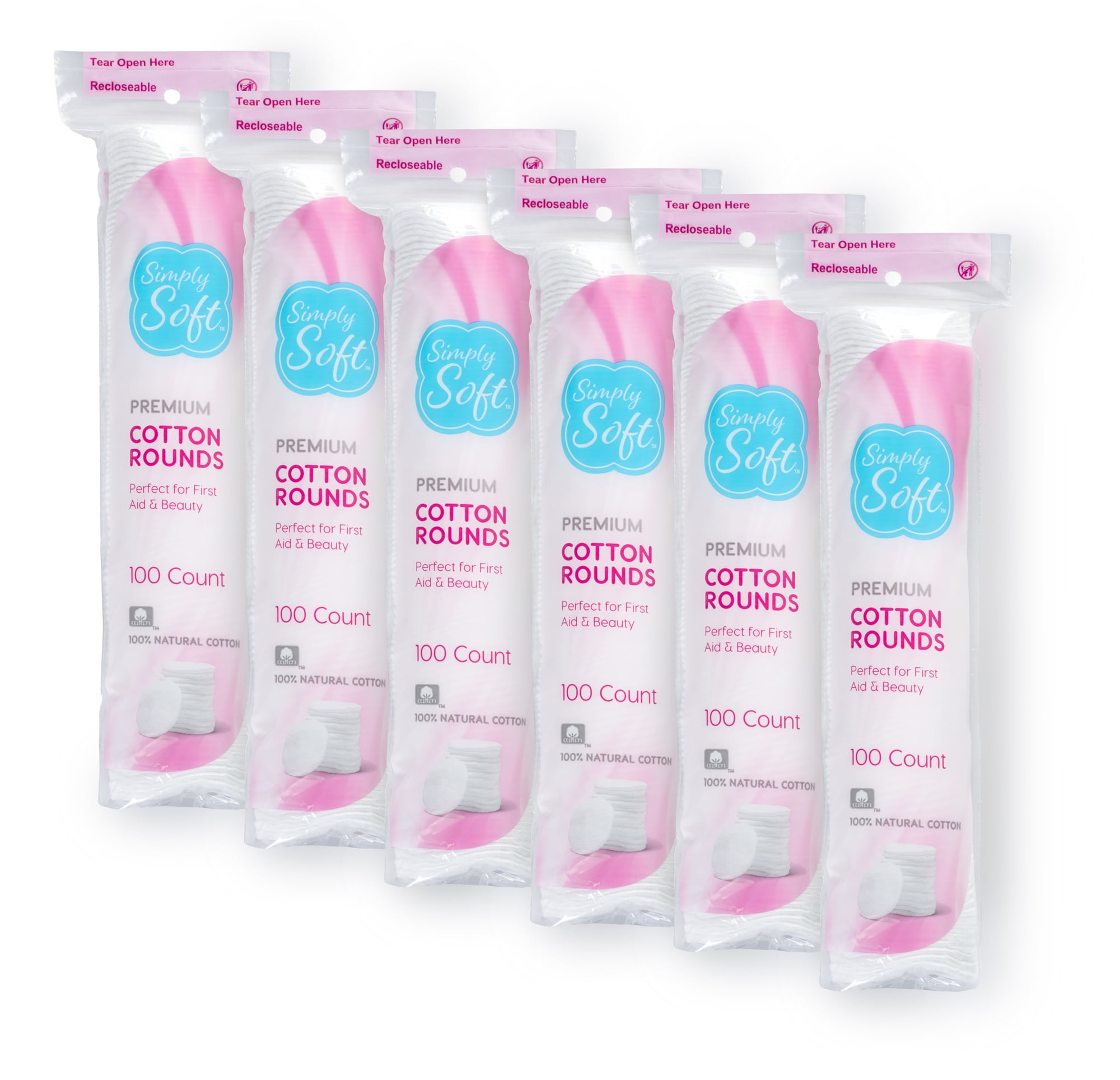Simply Soft Premium Cotton Rounds, 100 Pure Cotton, Absorbent Cotton Pads, 100 Count (Pack of 6