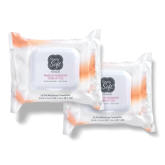 Simply Soft Premium Makeup Remover Towelettes, Citrus Scented Wipes, 50 Count (2 Packs of 25)