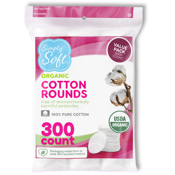 Simply Soft Premium Organic Cotton Rounds, 100 Count (Pack of 3), 100% Cotton Pads, Certified Organic, Hypoallergenic