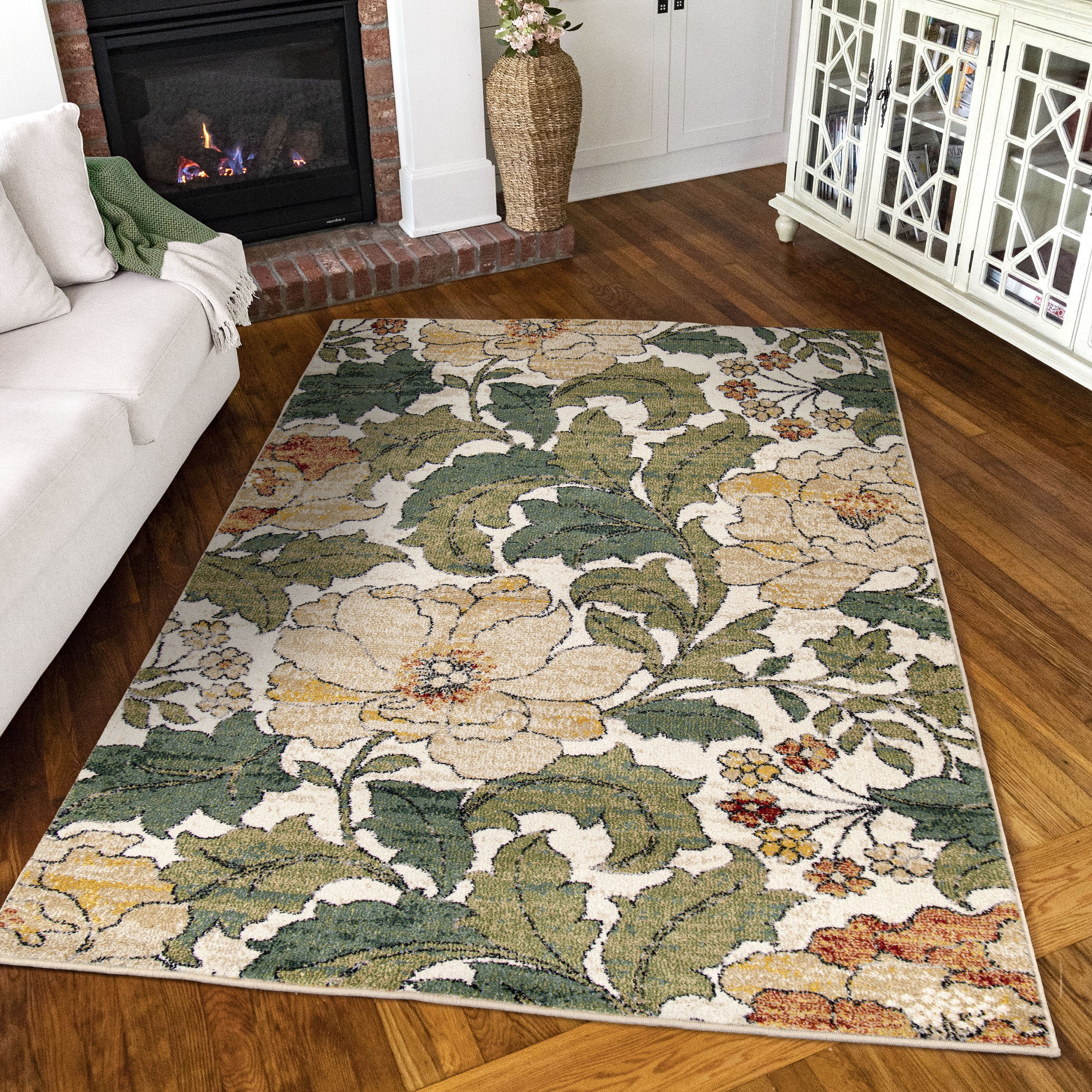 Jefferson Green and Beige Floral 9' x 12' Synthetic Area Rug