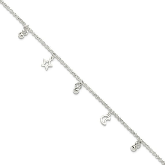 Sterling Silver Polished Bead Star and Moon With 1inch Ext. Anklet - 9 Inch - Measures 6mm Wide
