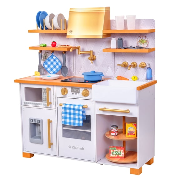 KidKraft Simply Stylish Wooden Play Kitchen with Lights, Choppable Food and 30+ Accessories
