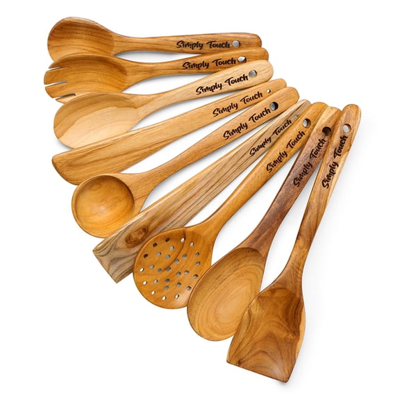 Simply Touch Wooden Kitchen Utensils Set of 9 Handmade Natural Wood Cooking Tools Non-Toxic, Scratch-Free & Stylish Design Y101