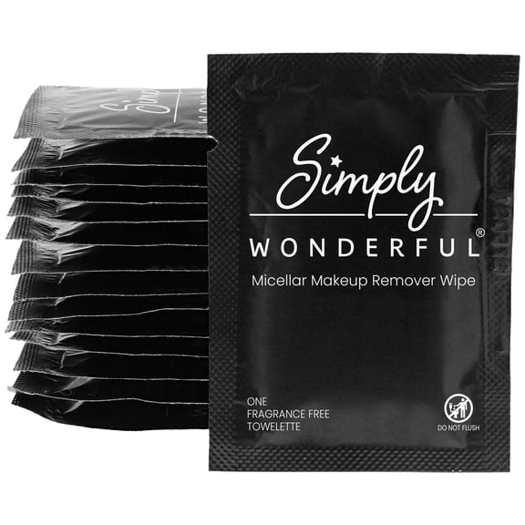 Simply Wonderful Micellar Makeup Remover Wipes Sachets, 5" x 7", Individually Wrapped Travel & Hospitality Pack, 100 Count, STR & Airbnb Guest Amenities, No-Rinse Facial Cleansing Wipes