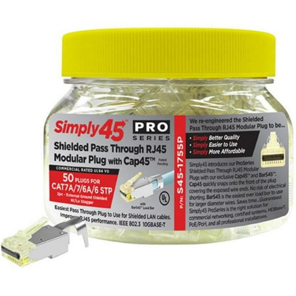 Simply45 - ProSeries 10G Shielded External Ground - Pass Through RJ45 Modular Plug with Cap45 & Bar45
