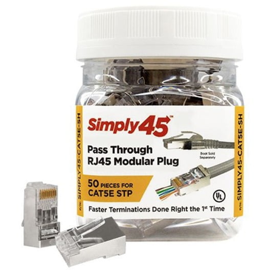 Simply45 Shielded Cat5e Pass Through RJ45 Crimp Connectors, Solid 24AWG/Stranded 28-26AWG, Jar 50 pieces