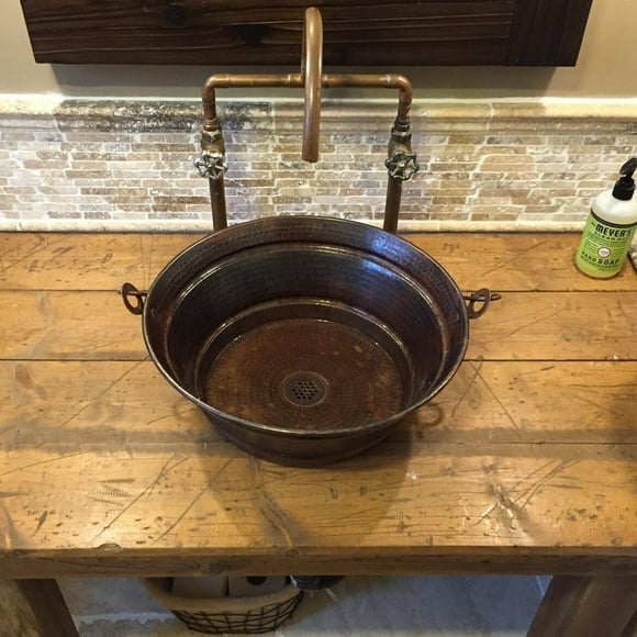 SimplyCopper 15" Aged Copper Vessel Bucket Bathroom Sink with Grid Drain - 15" x 15" x 6"