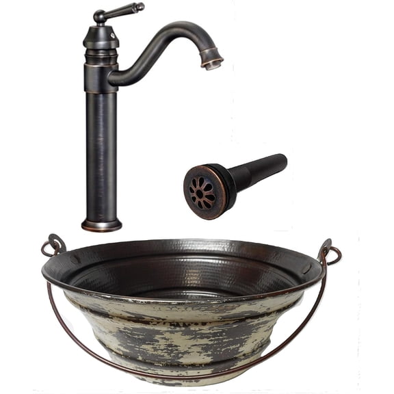 SimplyCopper 15" Copper Vessel Bath Sink Rustic BUCKET Exterior in Distressed White, Matching Faucet & Drain