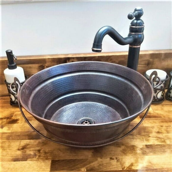 SimplyCopper 15" Round Copper Bucket Vessel Bathroom Sink in Aged Copper with Daisy Drain - 15" x 15" x 6"