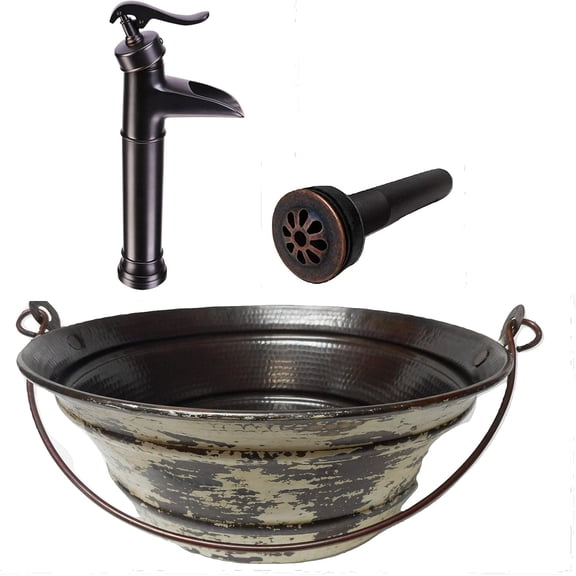 SimplyCopper 15" Round Copper Vessel Bath Sink BUCKET Style Distressed White Exterior with Faucet & Drain
